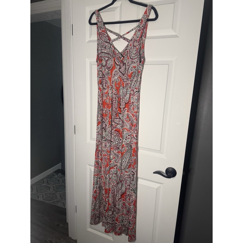 Loveappella Floral Print Knit V Neck Maxi Dress Large Criss Cross Back - Picture 2 of 2